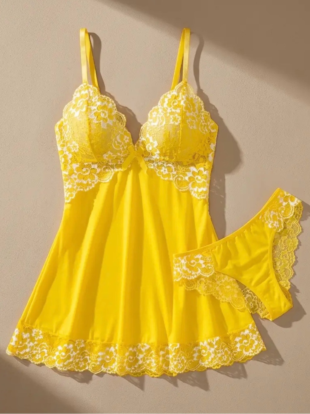 Yellow Lace Trim Chemise & Brief Set - Women Intimates XL
